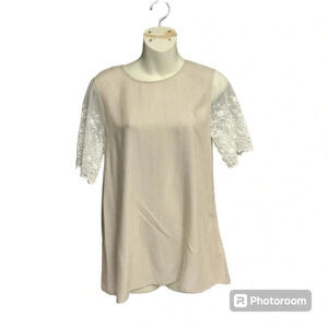 Chris & Carol taupe striped lace sleeve blouse size small NWT